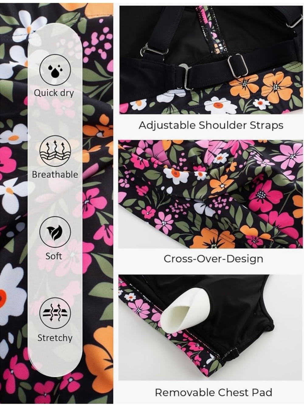 Floral High-Waist Bikini Set - Pink & Orange Flowers on Black - Picture 4 of 4